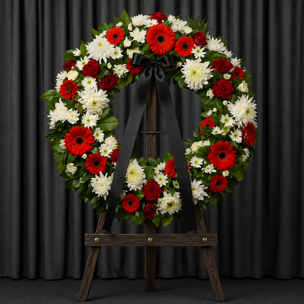 Coroană Funerară Rotundă cu Gerbera Roșie și Trandafiri Roșii