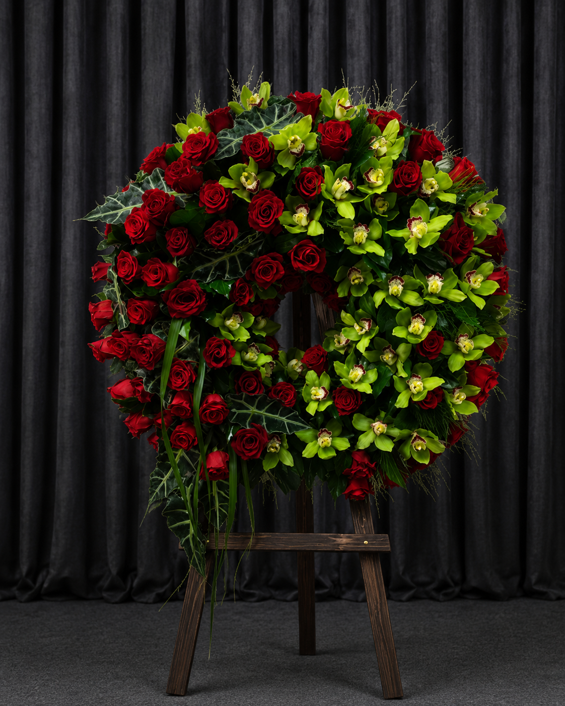 Coroană Funerară cu Trandafiri Roșii și Orhidee Verzi