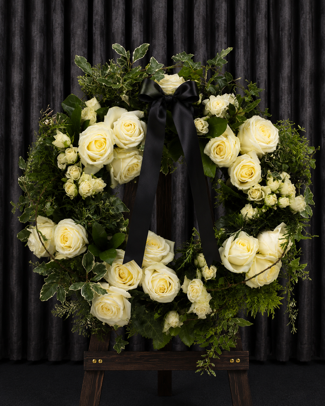 Coroană Funerară Rotundă cu Trandafiri Albi și Verdeață Naturală