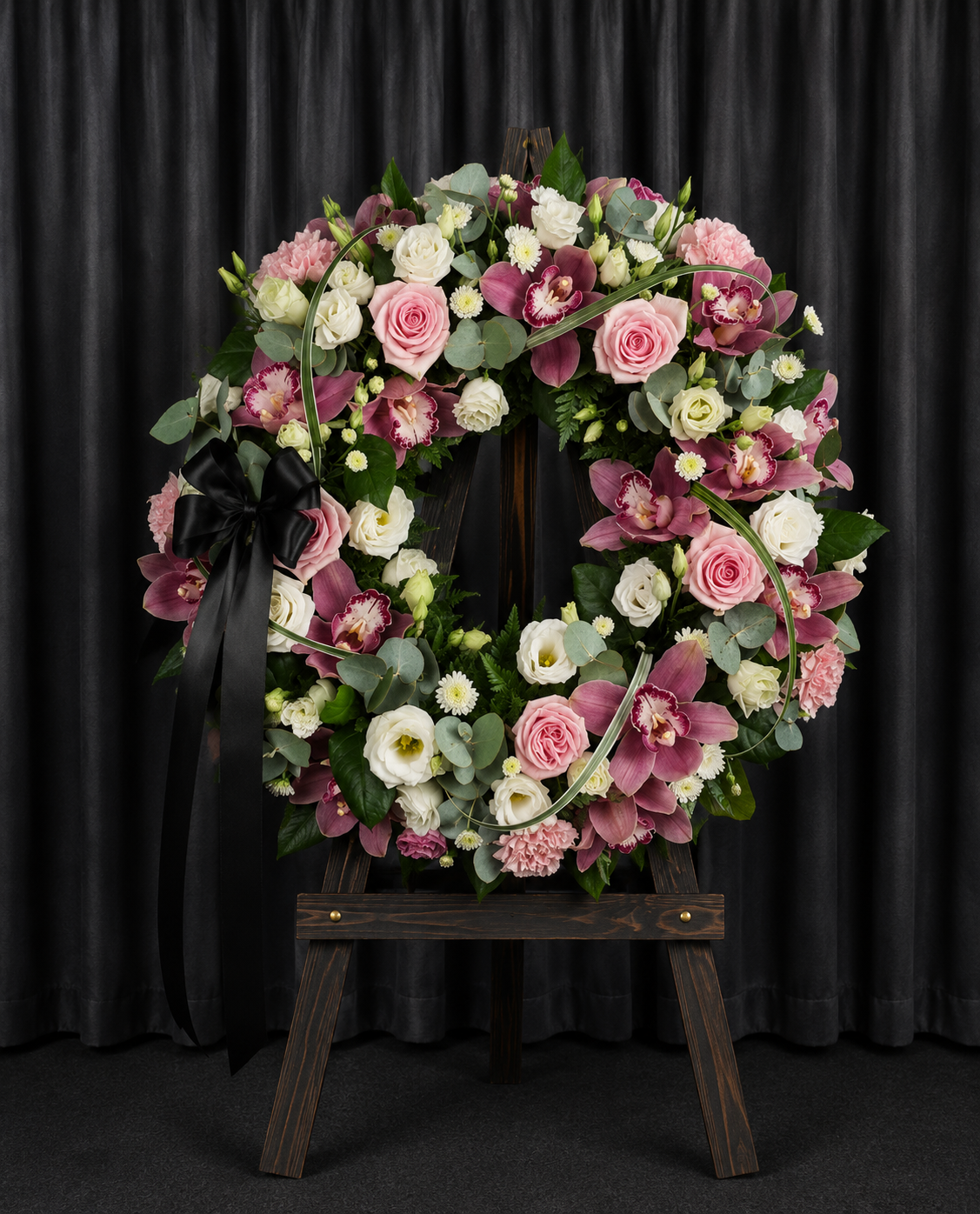 Coroana Funerara Cu Orhidee Roz Si Eustome Albe