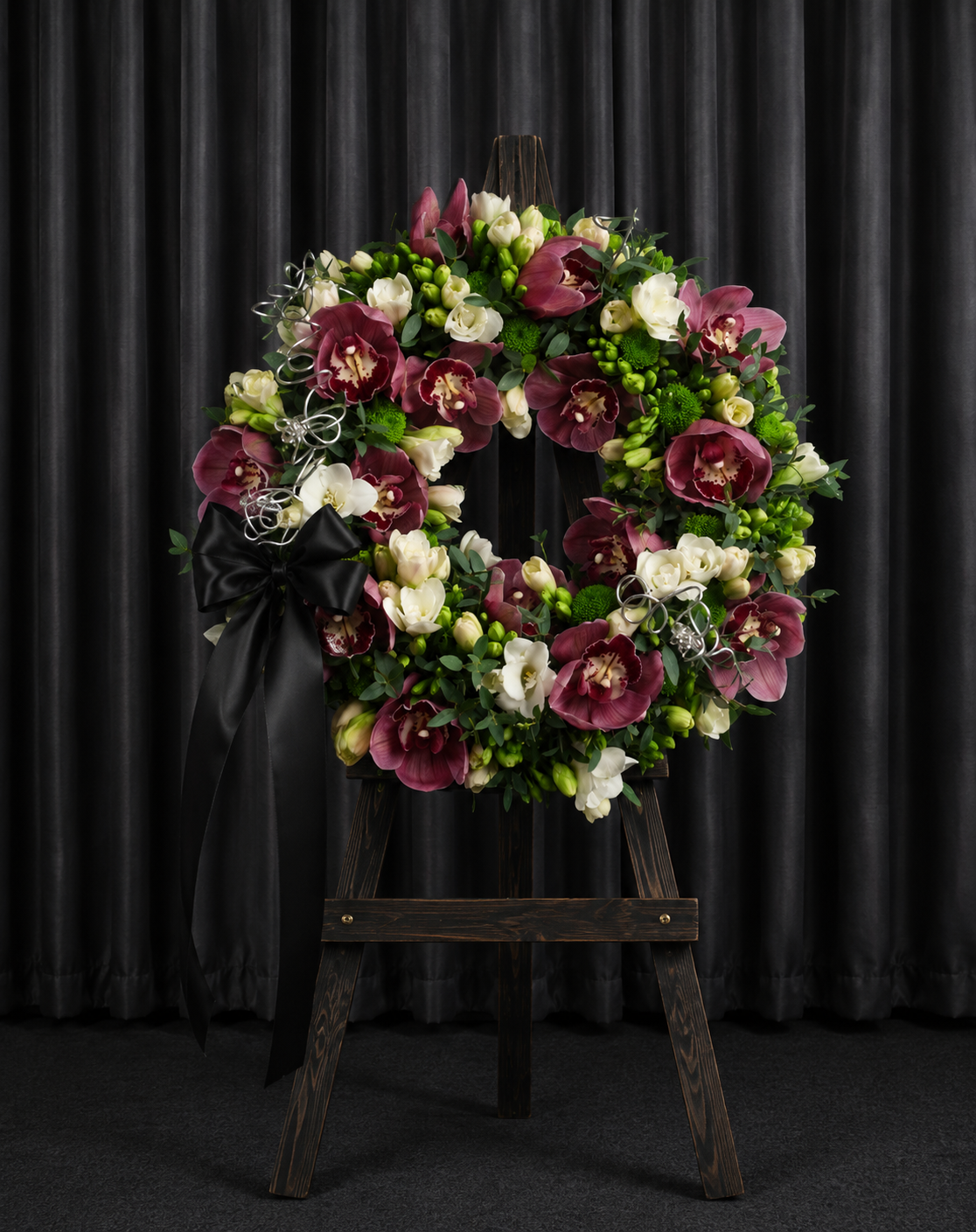 Coroana Funerara Cu Orhidee Roz Si Frezii Albe