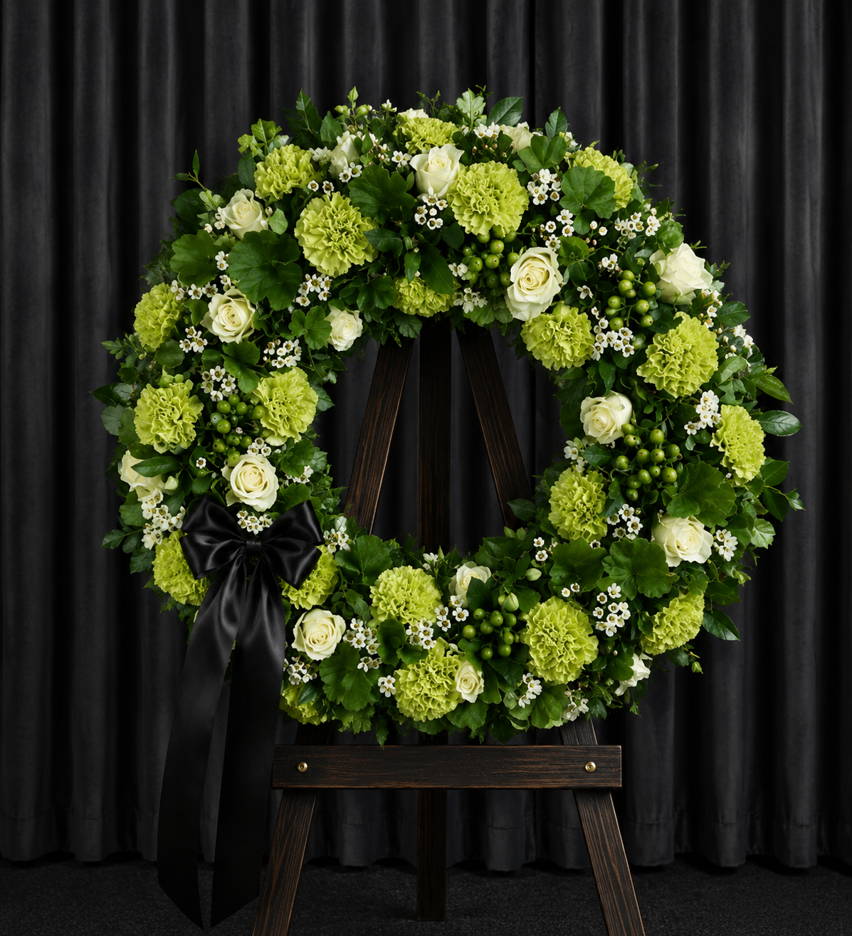 Coroana Funerara Din Garoafe Verzi Si Trandafiri Albi