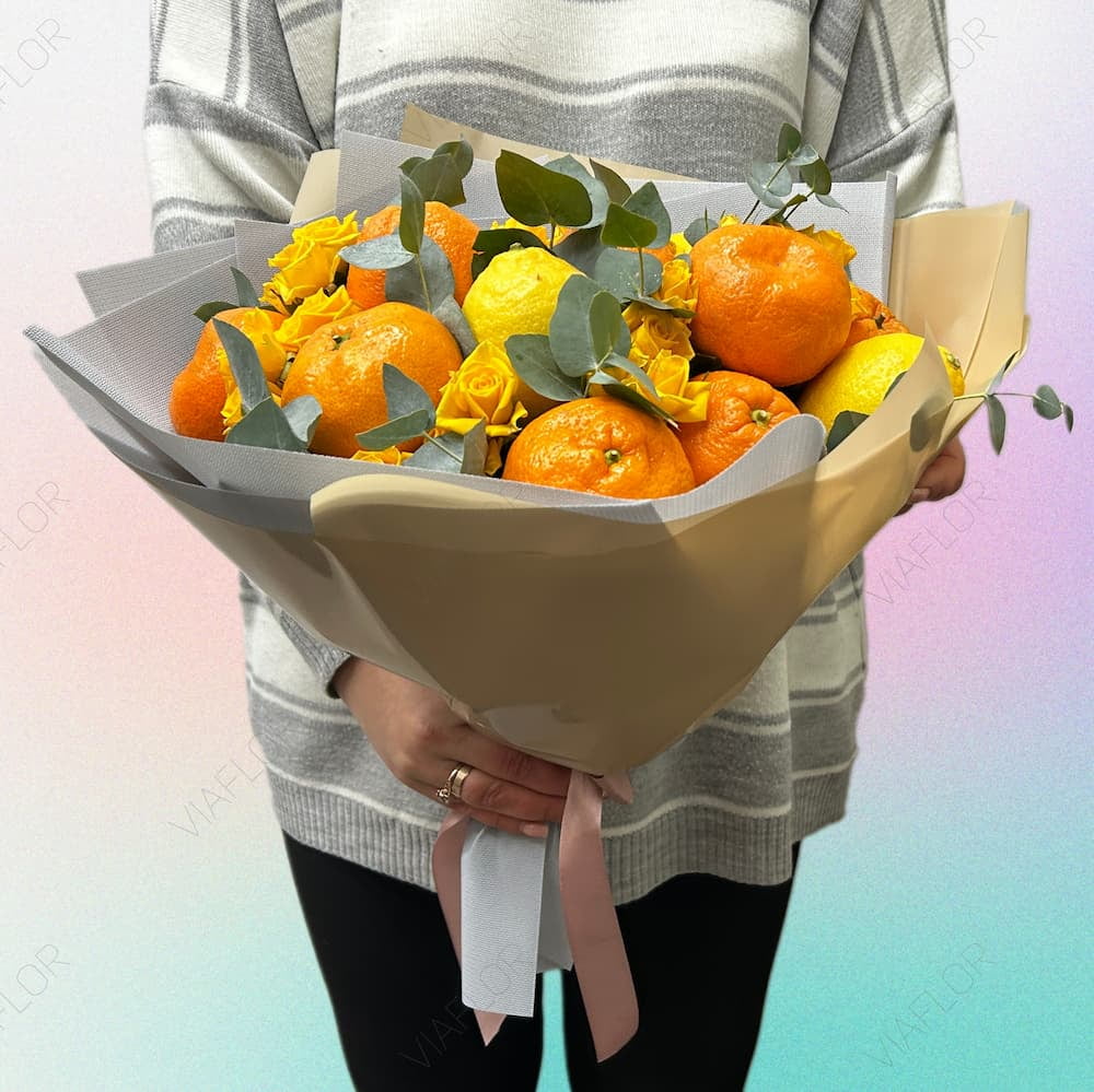buchet comestibil in nuanta de galben si portocaliu