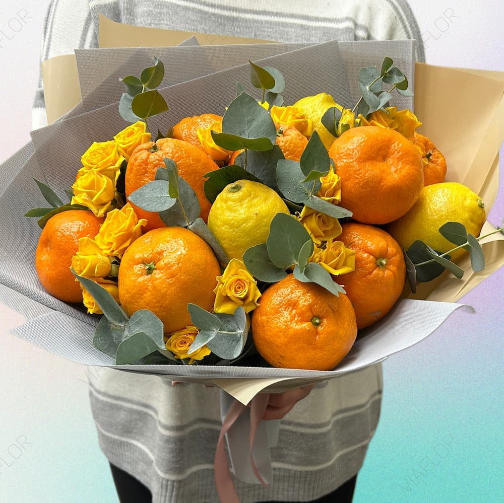 buchet comestibil in nuante de galben si portocaliu