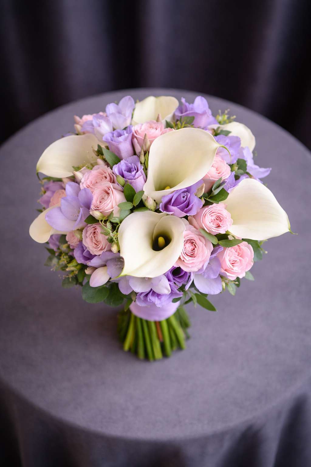 Buchet Mireasă Diafan cu Cale și Accente Lila