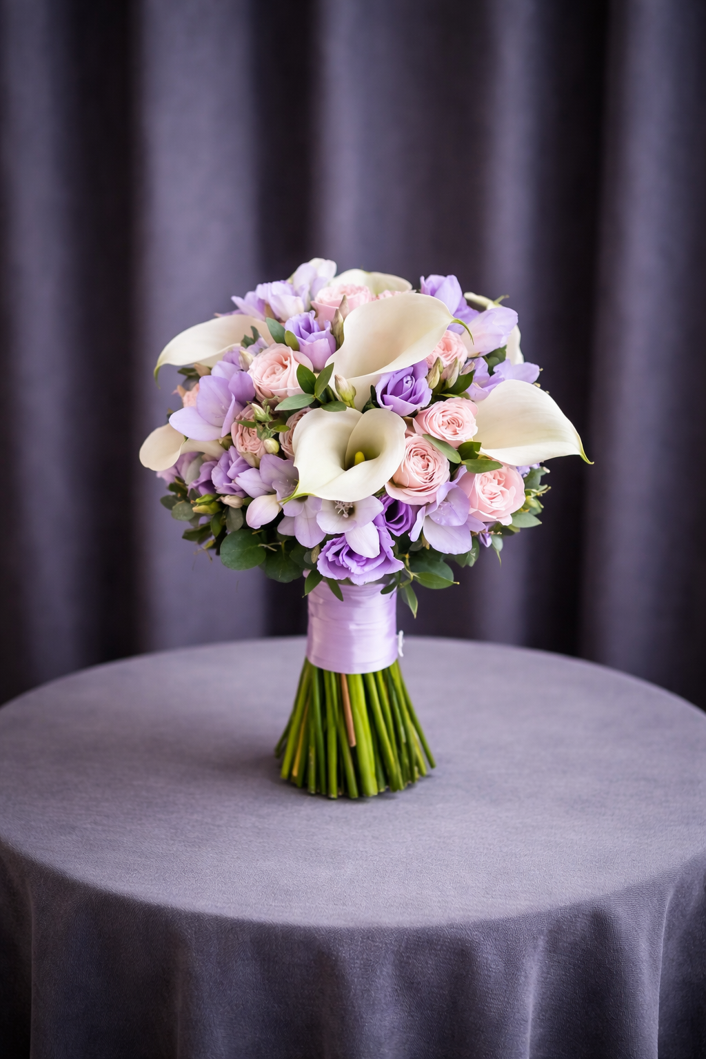 Buchet Mireasă Diafan cu Cale și Accente Lila