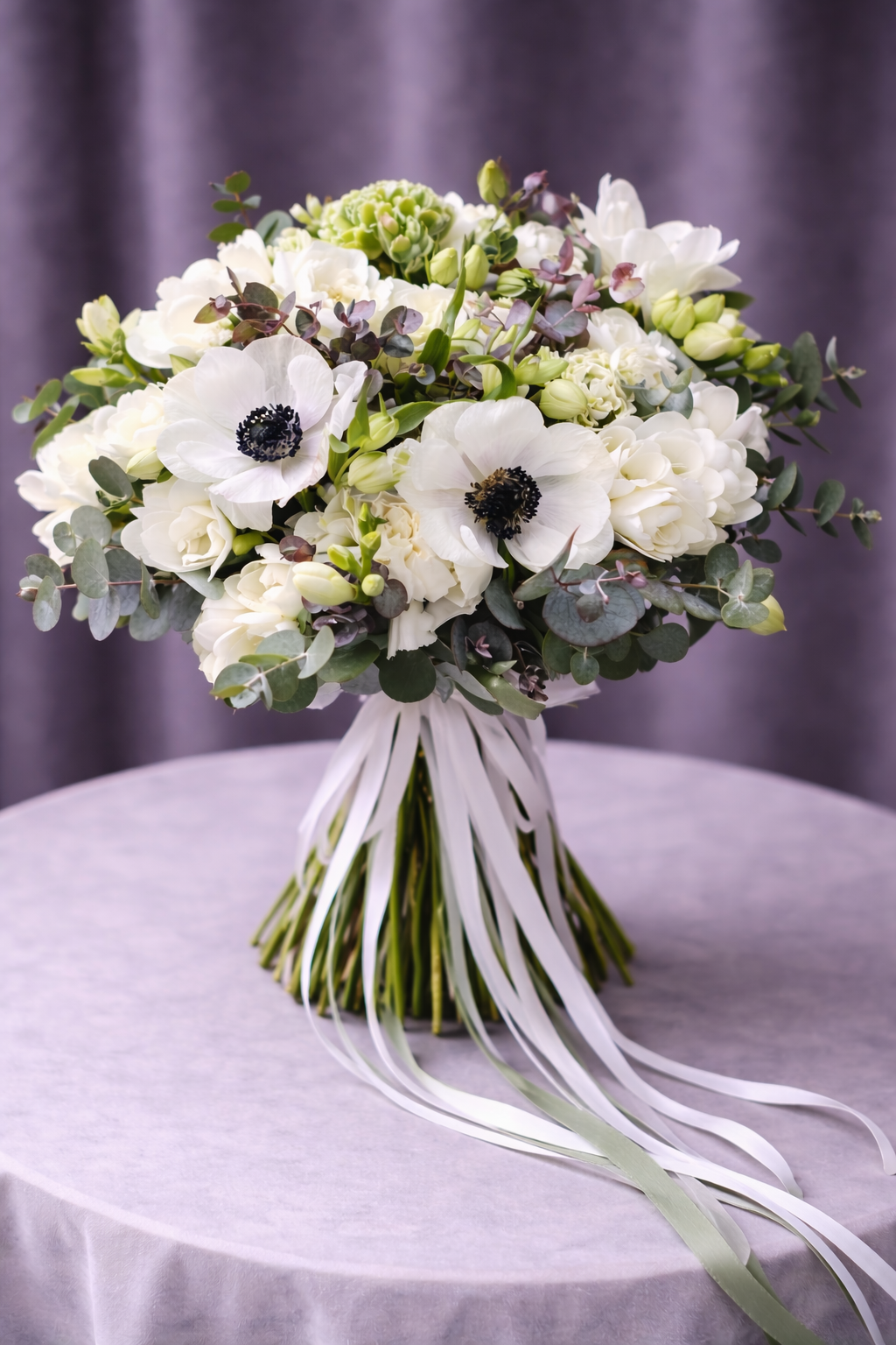 Buchet Mireasă Romantic cu Anemone și Frezii Albe