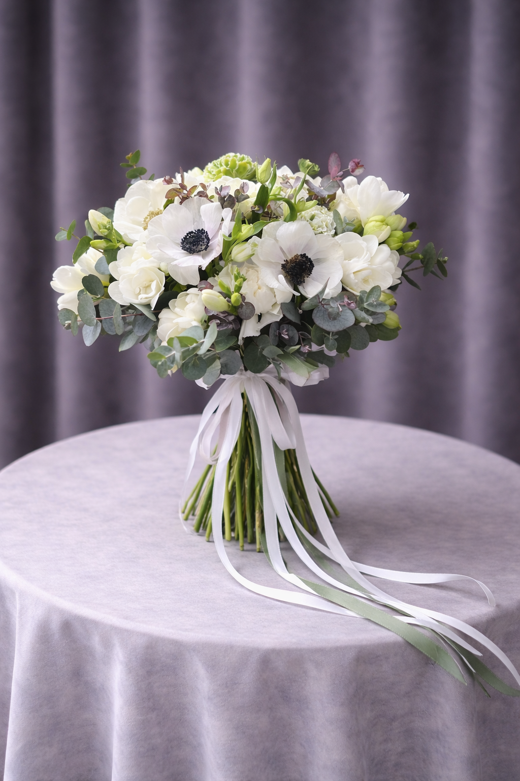 Buchet Mireasă Romantic cu Anemone și Frezii Albe