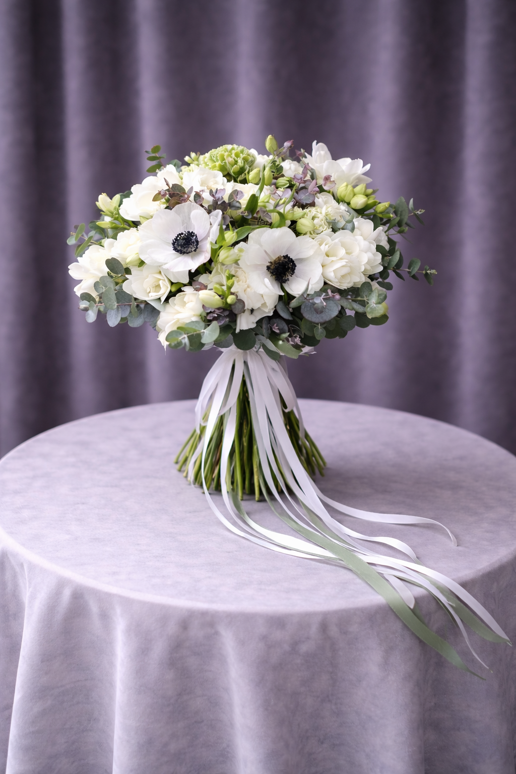 Buchet Mireasă Romantic cu Anemone și Frezii Albe
