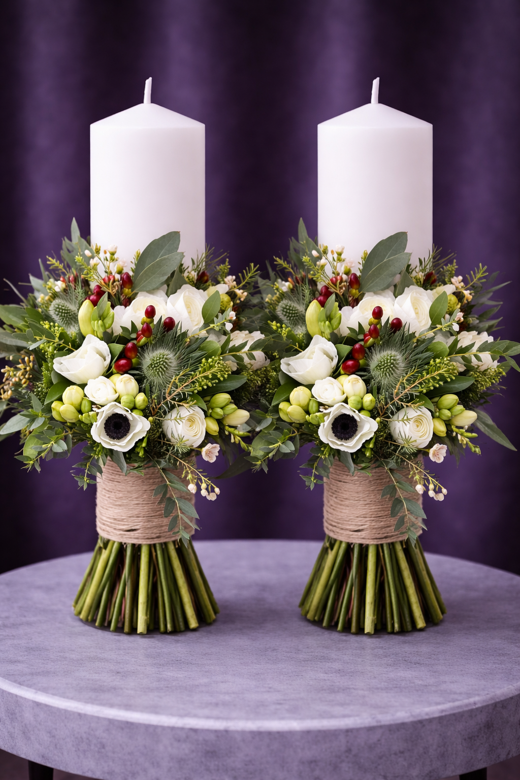 Set Lumânări Cununie Alb-Verde cu Flori Naturale – Design Elegant