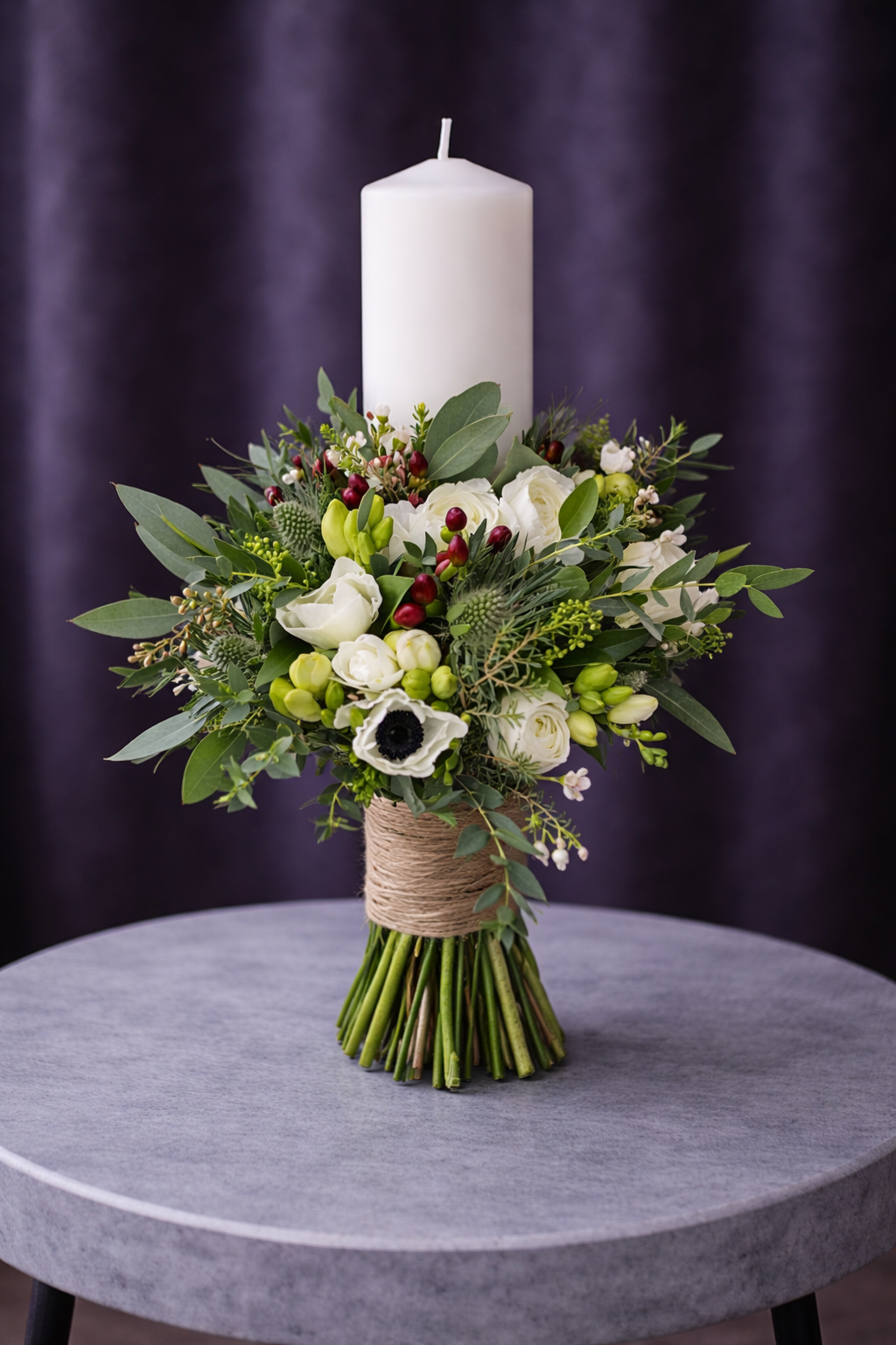 Set Lumânări Cununie Alb-Verde cu Flori Naturale – Design Elegant