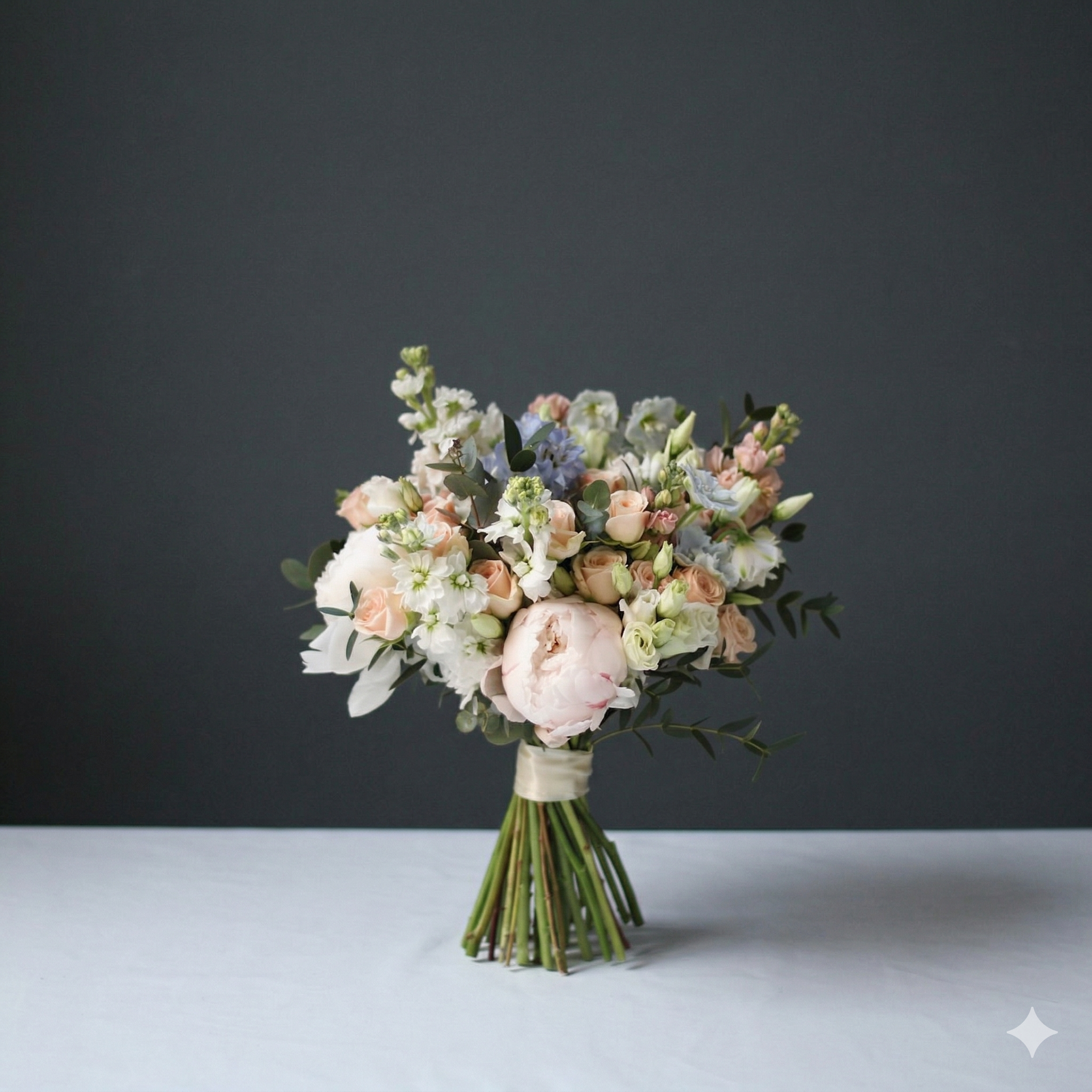 Buchet de Mireasă Pastel Garden – Bujori, Matthiola și Delphinium