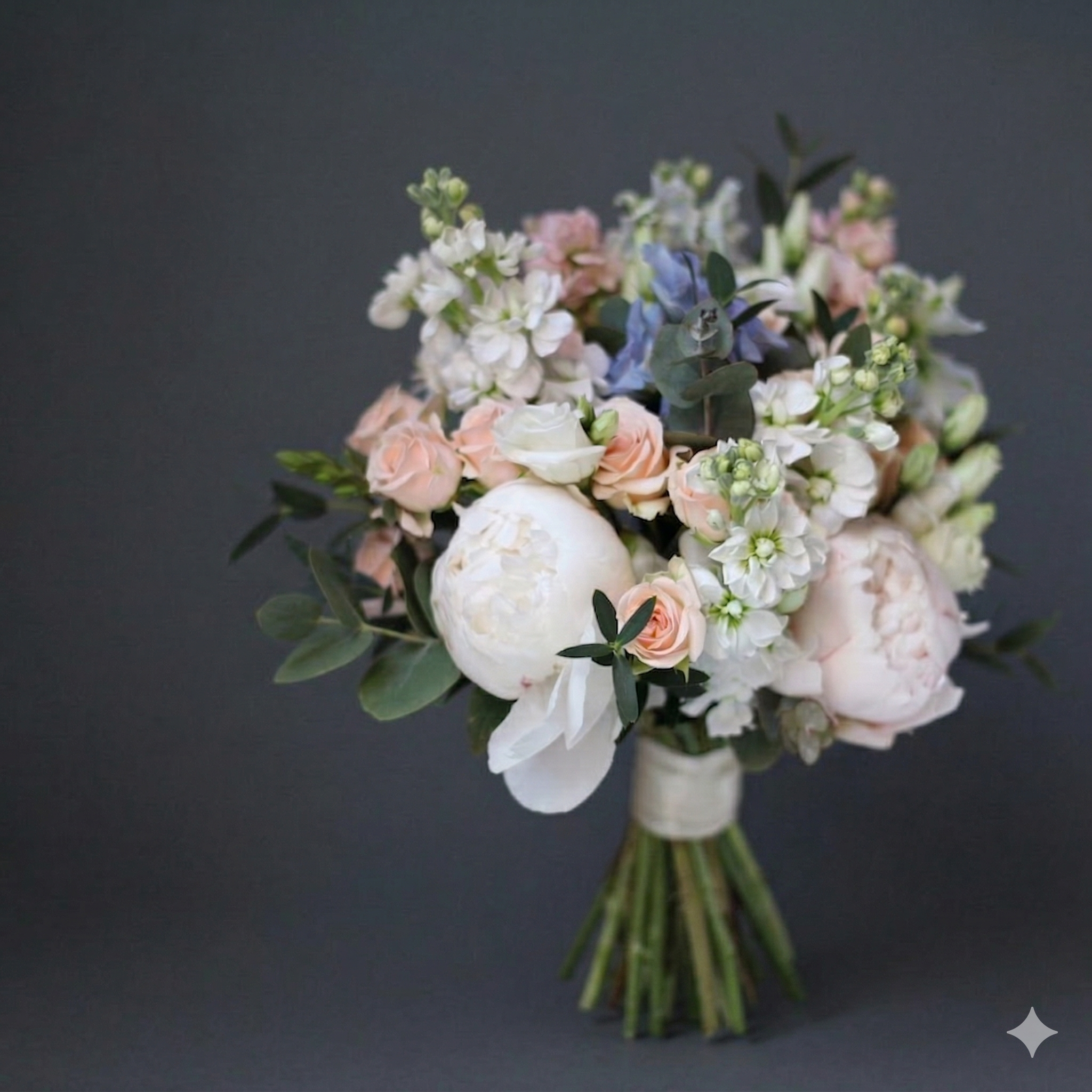 Buchet de Mireasă Pastel Garden – Bujori, Matthiola și Delphinium