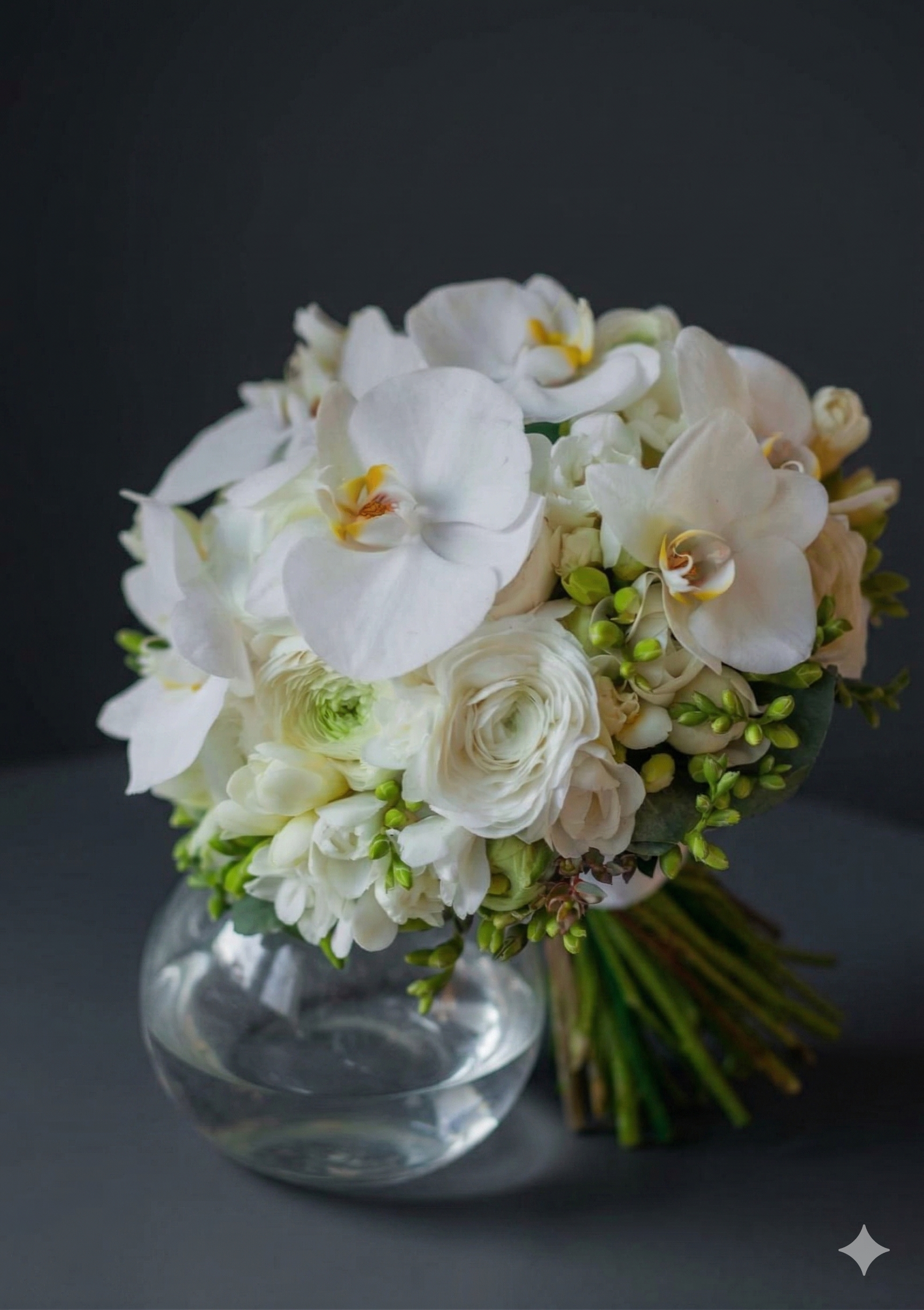 Buchet de mireasă elegant din Frezii și Orhidee Phalaenopsis