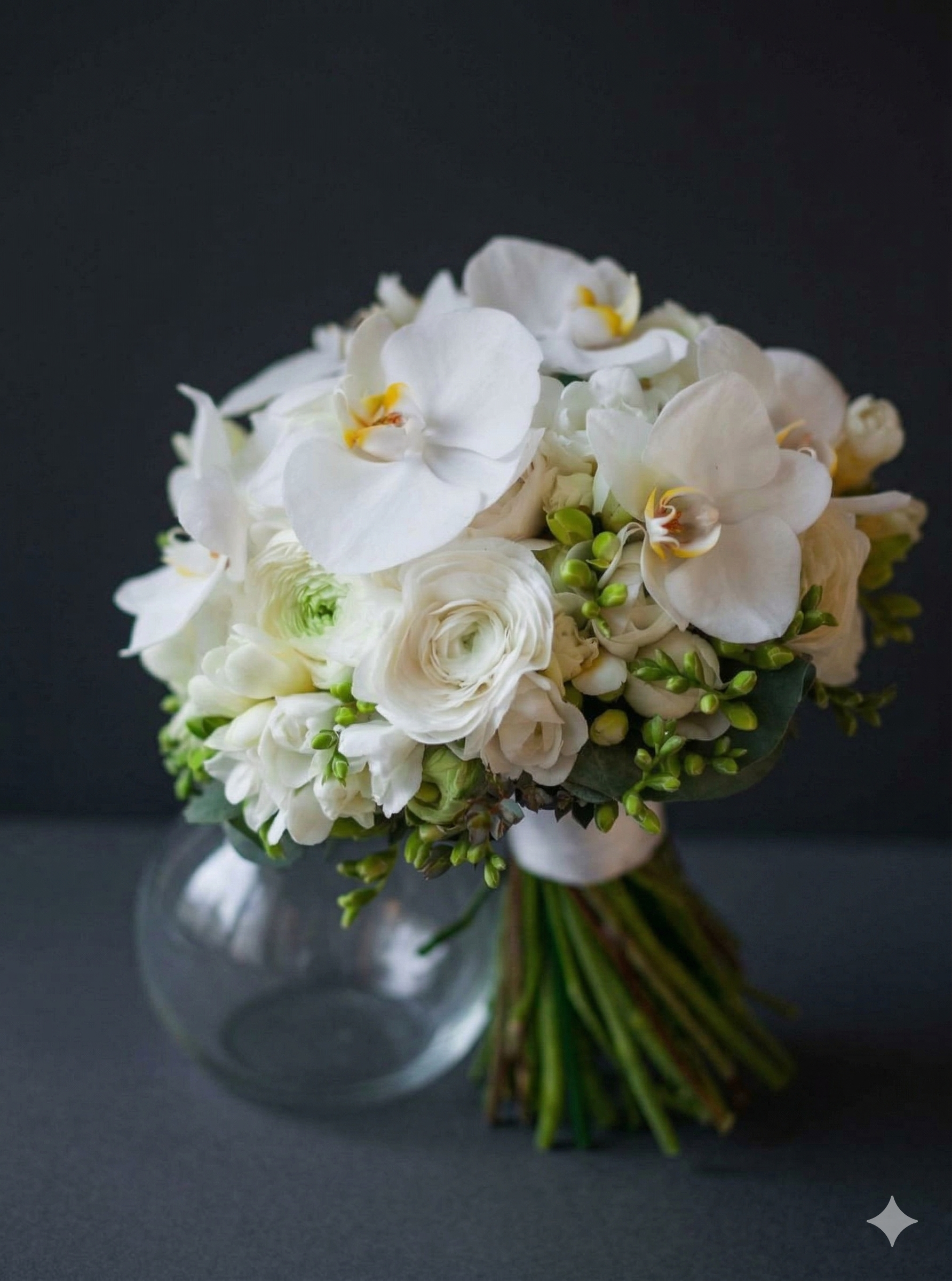 Buchet de mireasă elegant din Frezii și Orhidee Phalaenopsis