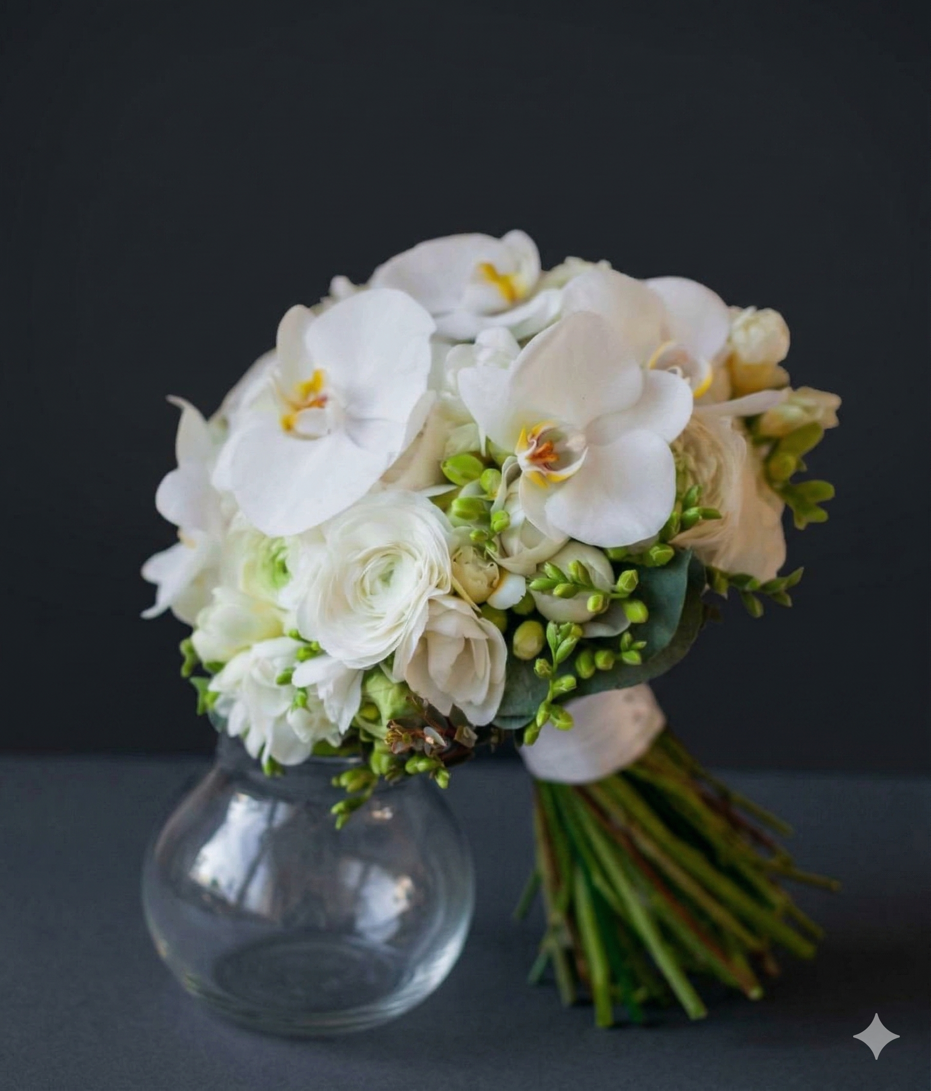 Buchet de mireasă elegant din Frezii și Orhidee Phalaenopsis