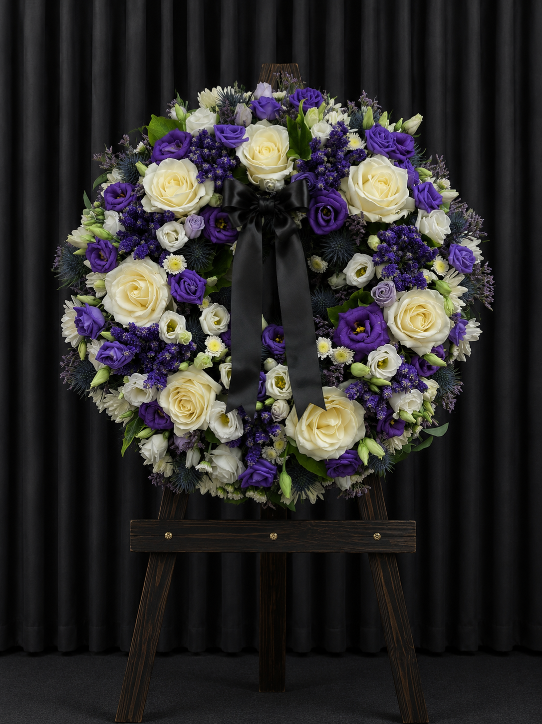 Coroană Funerară Rotundă cu Trandafiri Albi și Lisianthus Mov