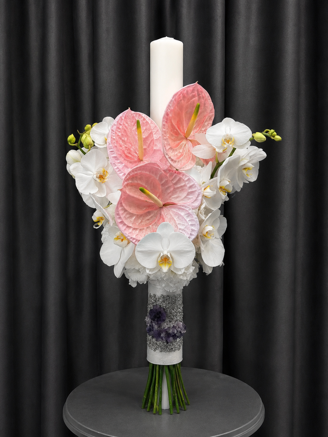 Lumânare de Cununie cu Anthurium Roz și Orhidee Phalaenopsis Albă